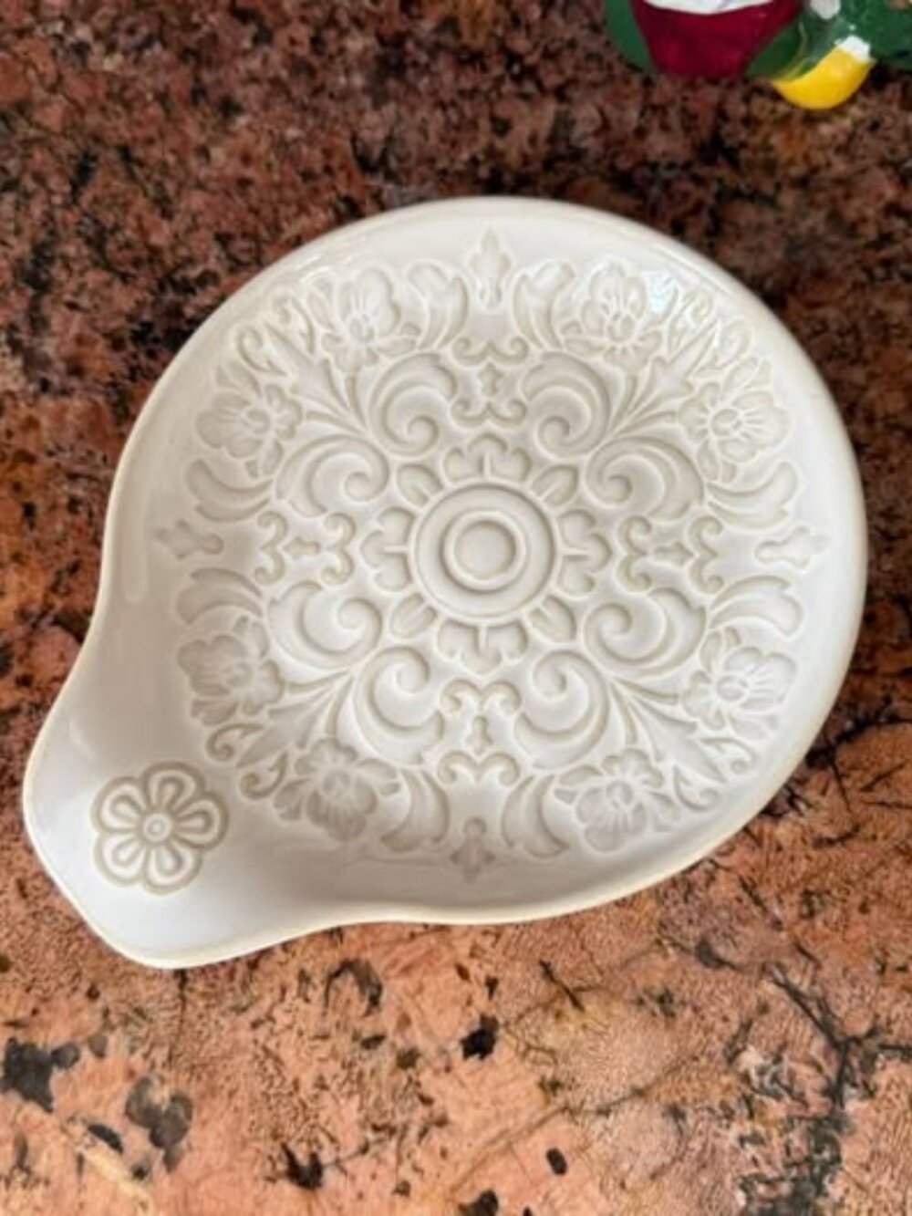 Ceramic Spoon Rest Bohemian Flower Scroll Design French Country Antique White